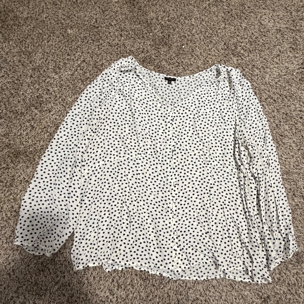 Talbots Plus 22W Polka‎ Dot V-Neck Button Front Viscose Blouse White Navy PH5090